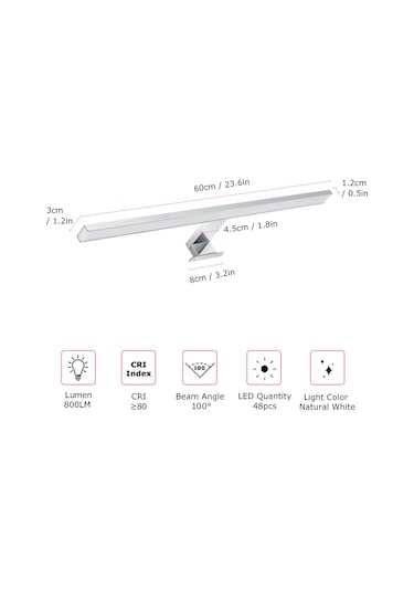 Yunboo Banyo Led Ayna Işığı 60cm 10w Paslanmaz Çelik 4000k Beyaz Işık Ip44 Dolap Duvar Aydınlatması Gümüş