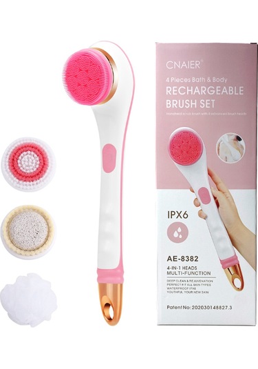 Ranyeek Pink Elektrikli Duş Fırçası - 4 Farklı Başlı, 2 Hızlı, 360 Döner, Uzun Saplı Vücut Masaj Ve Temizlik Aleti Ae-8382 Çok Renkli