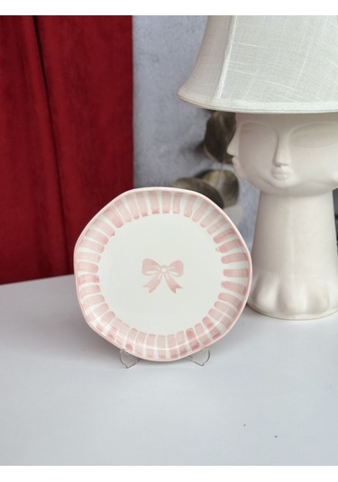 1 Adet Fiyonk Desenli Pembe Çizgili Pasta Tabağı- 21 Cm Çok Renk