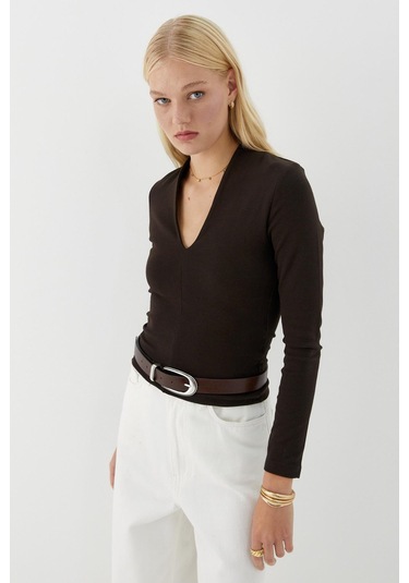 V Yaka Uzun Kollu Body Acı Kahve Acı Kahve