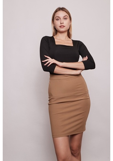 Yüksek Bel Diz Üstü Şık Kumaş Kalem Etek-Camel