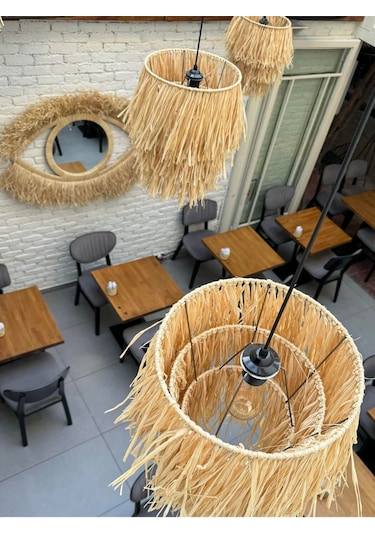 Maison Avf Büyük Püsküllü Rafya Hasır El Yapımı Bohem Tasarım Sarkıt Avize 3 Adet Bambu