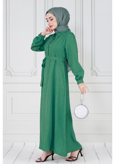 İnci Detaylı Kuşaklı Tesettür Elbise-yeşil-3587-kiremit Kiremit