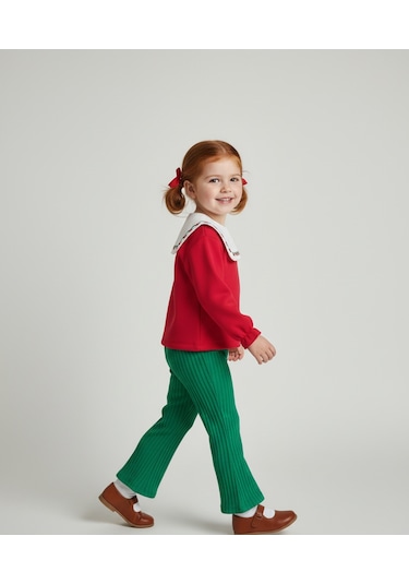 İşlemeli Yaka Kırmızı Badi Ve Fitilli Yeşil Eşofman Altı Kız Çocuk Alt Üst Takımı Kırmızı