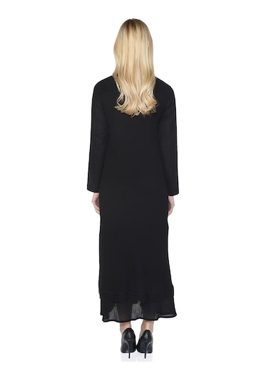 Uzun Kol Şile Bezi Nervürlü Uzun Elbise Siyah