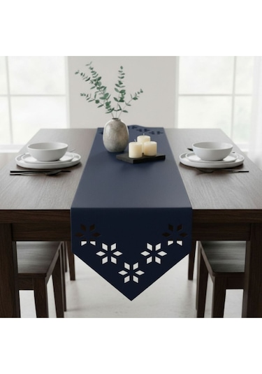1 Adet Deri Runner-40x140 Cm-çiçek Desenli Runner Lacivert