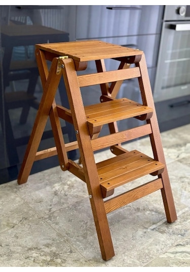 Ahşap Merdiven Tabure Katlanır Ceviz Renk 3 Basamaklı Ceviz