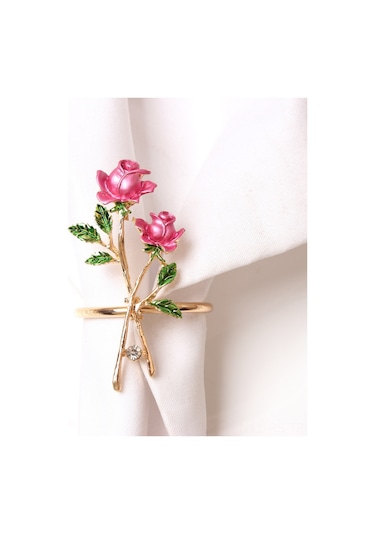 Reedark Romantik Gül Desenli Metal Peçete Halkası - Şık Ve Dayanıklı Pembe