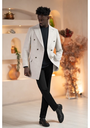 Paul Martin İtalyan Yaka Yünlü Kruvaze Kaşe Kaban Gri