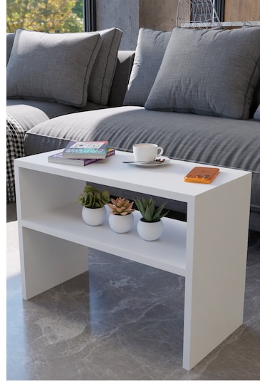 Alpa Ev Mobilya C Tasarım Koltuk Yanı Sehpa, Kitaplıklı Modern Laptop & Kahve Sehpası, Orta Sehpa Beyaz