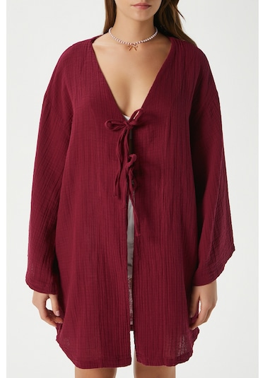 Ritnice Kadın Sandra %100 Pamuk Müslin Bağcıklı Bordo Kimono Bordo