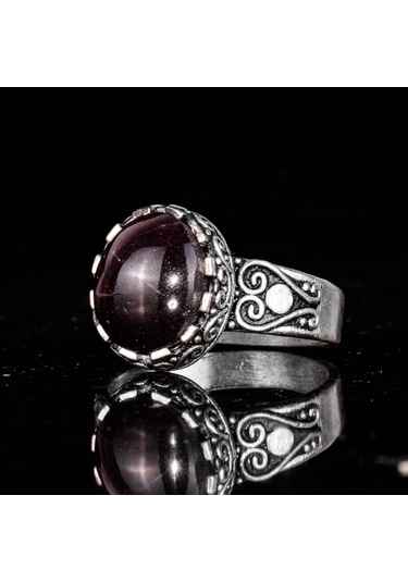 925 Ayar Gümüş Erkek Yüzük - Doğal Yıldız Granat Taşı İle El Yapımı Kalp Deseni Gümüş