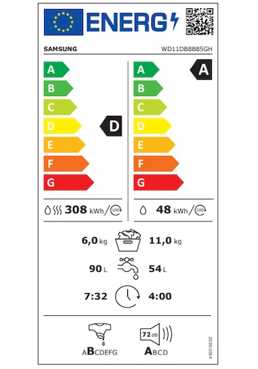 Samsung WD11DB8B85GHAH 11 KG Yıkama + 6 KG Kurutmalı Çamaşır Makinesi Beyaz