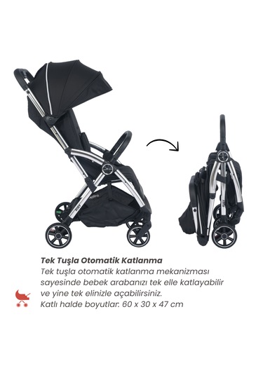 Merkür Bebe Ruby Otomatik Katlanan Kabin Boy Bebek Arabası Siyah