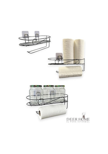 Paslanmaz Siyah Kendinden Yapışkanlı Mutfak Banyo Düzenleyici Kavanoz Havlu Kağıt Rafı Siyah