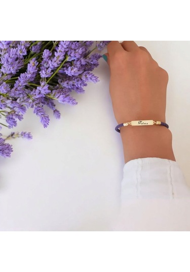 Archin Fatma İsmine Özel Mor Derili 14 Ayar Altın Plakalı Dikdörtgen Motifli Hediye Bileklik-412isim Fatma