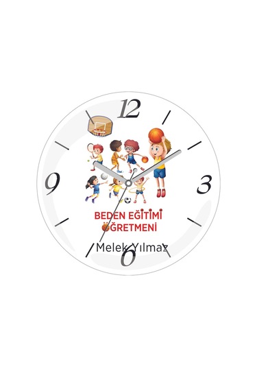 Kişiye Özel Beden Eğitimi Öğretmeni Pota Çap 30 Bombeli Gerçek Cam Duvar Saati Siyah