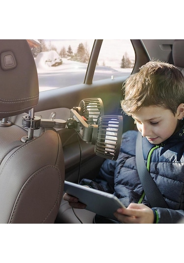 F4207 Arka Koltuk Araba Fanı 3 Hız 5 Bıçak 360 Derece Dönebilen Çift Kafa Soğutma Fanı