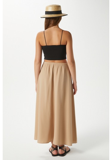 Kadın Trend Modal Serin Kumaş Bej Bel Lastikli Cepli Rahat Kalıp Uzun Etek