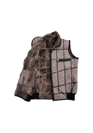 Içi Kürk-Dışı Süet Gerçek Deri Yakalı Ve Trikolu Yelek Bej