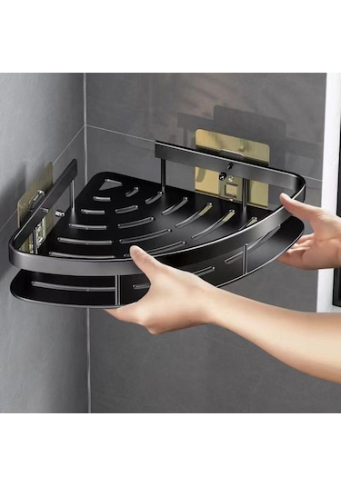 Siyah Hiçbir Matkap Banyo Rafları Duvara Montaj Köşe Duş Raf Şampuan Depolama Raf Tutucular Mutfak Siyah