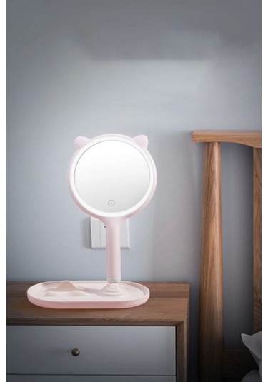 Zmc Bilişim Kedi Kulaklı Telefon Standlı Yuvarlak Dokunmatik Led Ayarlı Masa Üstü Makyaj Aynası Çok Renkli