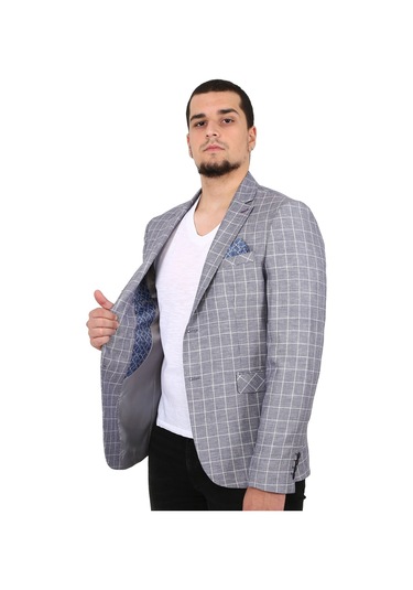 Sposo 5137 Dar Kalıp Kareli Gri Erkek Blazer Ceket Gri