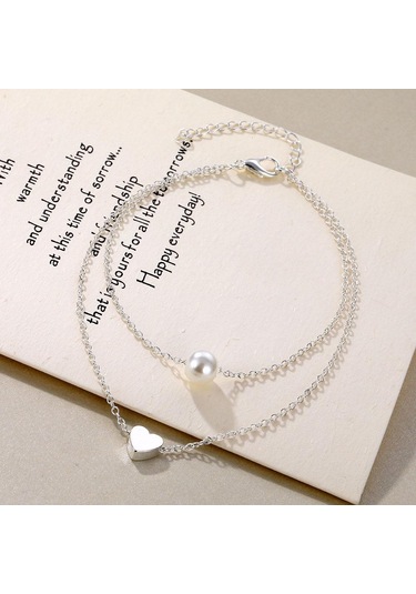 Gümüş Moda İnci Aşk Çift Katmanlı Entegre Halhal Aksesuarları Bayanlar Kişilik Vahşi