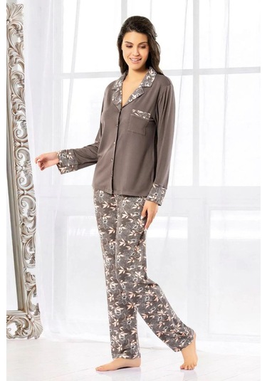 Faal 8603 Kadın Uzun Kollu Önden Düğmeli Pijama Takımı-kahve Kahve