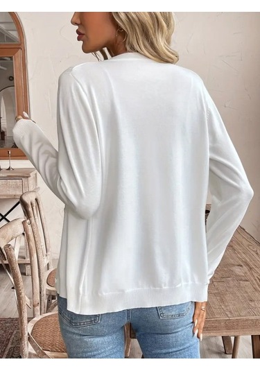 Kadın Uzun Kollu Önden Düğmeli Triko Ceket Beyaz