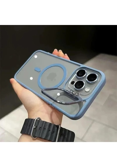 İphone 16 Pro Max Uyumlu Kılıf Klon Stantlı + Lens Korumalı Magsafe Telefon Kılıfı Açık Mavi