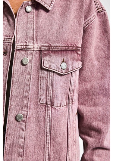 Kadın Lila 3s6-98 Oversize Özel Yıkamalı Bol Kesim Denim Ceket