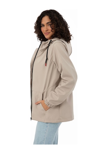 Kadın Astarlı Su Geçirmez Ve Rüzgara Dayanıklı Kapüşonlu İç Cepli Mevsimlik Yağmurluk Taş