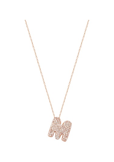 Beyaz Zirkon Taşlı Gümüş Harf Kolye - M Harfi Rose Gold