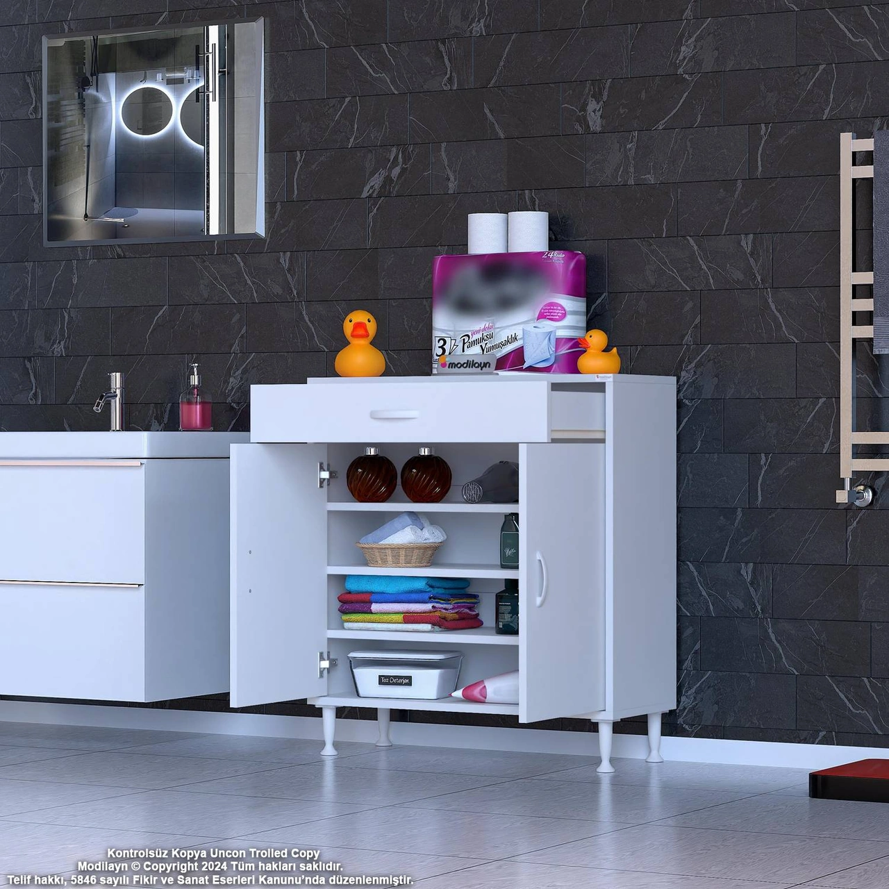 Mira Banyo Ve Mutfak Dolabı Çok Amaçlı Dolap Tek Çekmece 2 Kapak 3 Raf 4 Bölme 70x88x32,5 Cm Beyaz