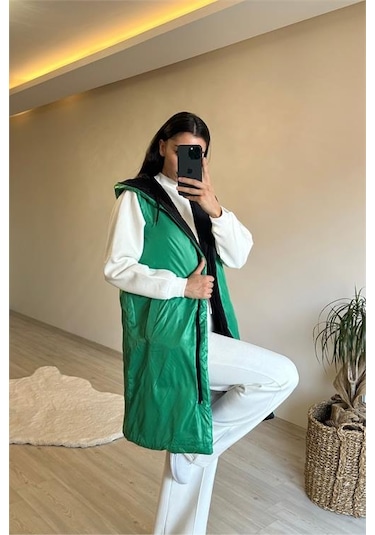 Neşeli Butik Kadın Çift Taraflı Kapüşonlu Şişme Yelek Nm017 Yeşil