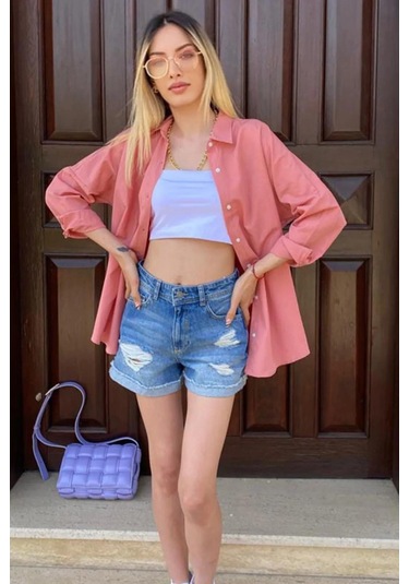 Madmext Mad Girls Pudra Oversize Gömlek Mg1369-pudra Pudra