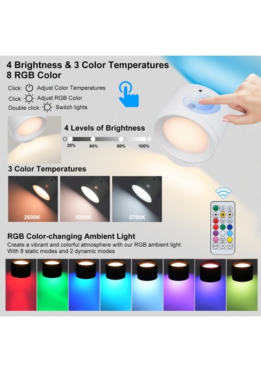 Skycity Magnetik Duvar Lambası: Hareket Algılayıcı, 3 Renk Tonu Okuma Işığı Ve Rgb Stüdyo Işığı, Dokunmatik Kumanda Kontrolü, 2000mah Pil, Zamanlayıcı Beyaz Beyaz