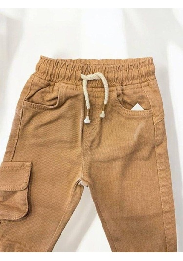 Erkek Bebek Kargo Cepli Beli Paçası Lastikli Dokuma Pantolon-14877 Kahverengi
