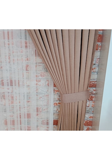 Açık Kahve Renk Fon Kadife Perde Çift Kanat 1/3 Sık Pileli Dikim V-10 Açık Kahverengi