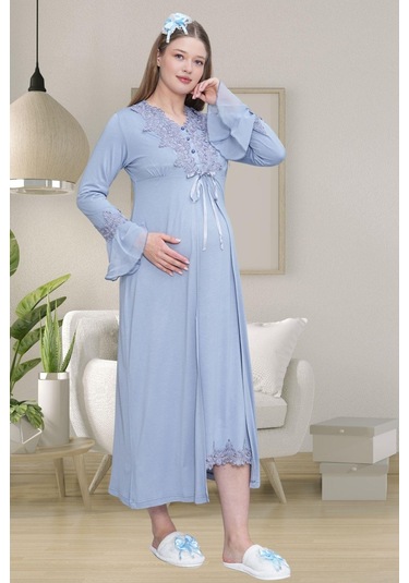 Mecit 1518 Mavi Sabahlıklı Lohusa Gecelik Takım