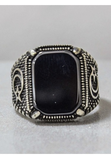 Gümüş Ay Yıldız Model Kare Oniks Taşlı Erkek Yüzük