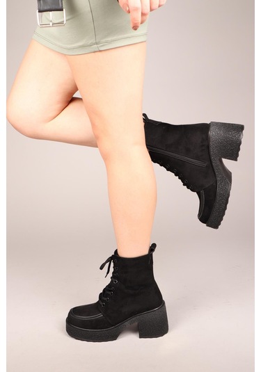 Tullıa Bağcıklı Süet Topuklu Kadın Bot Siyah-7540 Siyah