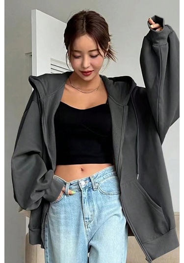 Modagen Unisex Oversize Fermuarlı Sweat Hırka Füme