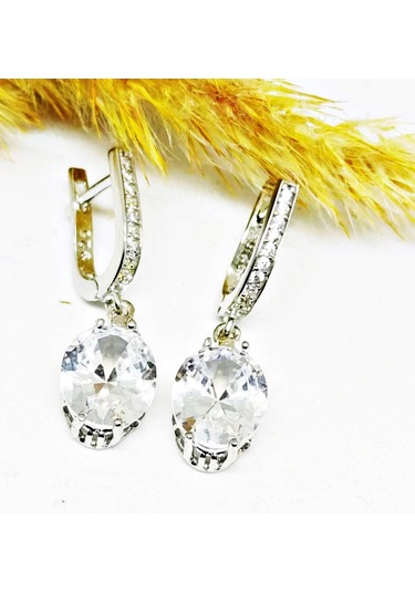 Lilahgümüştr Gümüş Oval Beyaz Taşlı Kadın Kolye Küpe