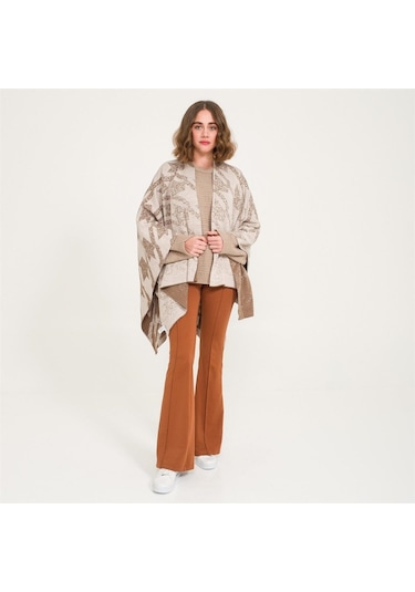 Kaz Ayağı Desen Çift Taraflı Triko Kadın Şal Panço-Kahverengi-140X140 Kahverengi