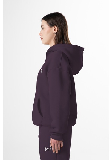 Flaw Nakışlı Zip Hoodie-28828 Mürdüm
