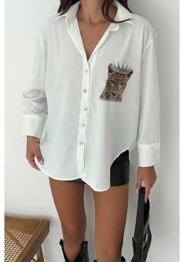 Kaplan Desen Taç Baskılı Taşlı Gömlek Beyaz