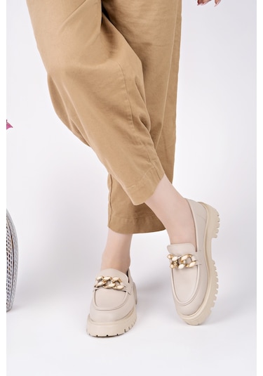 Muggo Crasher Kalın Taban Tokalı Günlük Casual Makosen Kadın Loafer Ayakkabı Ten Cilt