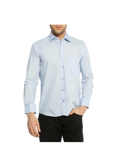 Mavi Klasik Kesim Uzun Kol Düz Renk Erkek Gömlek // 150-5 Mavi Beyaz Mavi - Beyaz